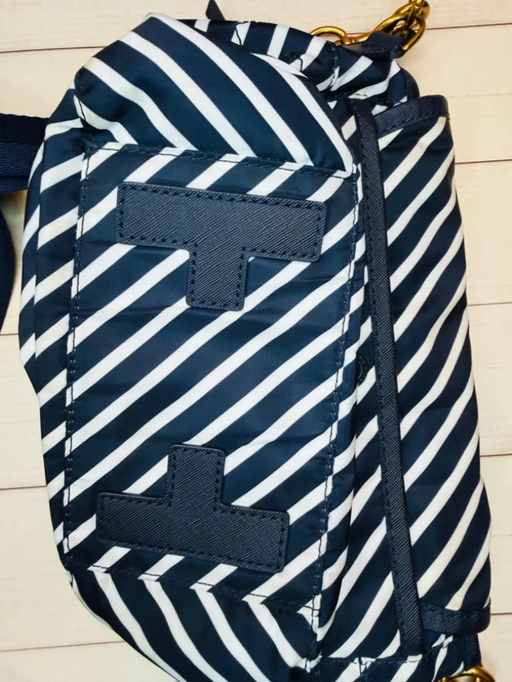 Tory Burch Navy and White Striped Crossbody Bag